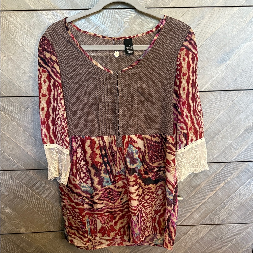 Bke Multicolor Patchwork Blouse With Lace Accents - image 1